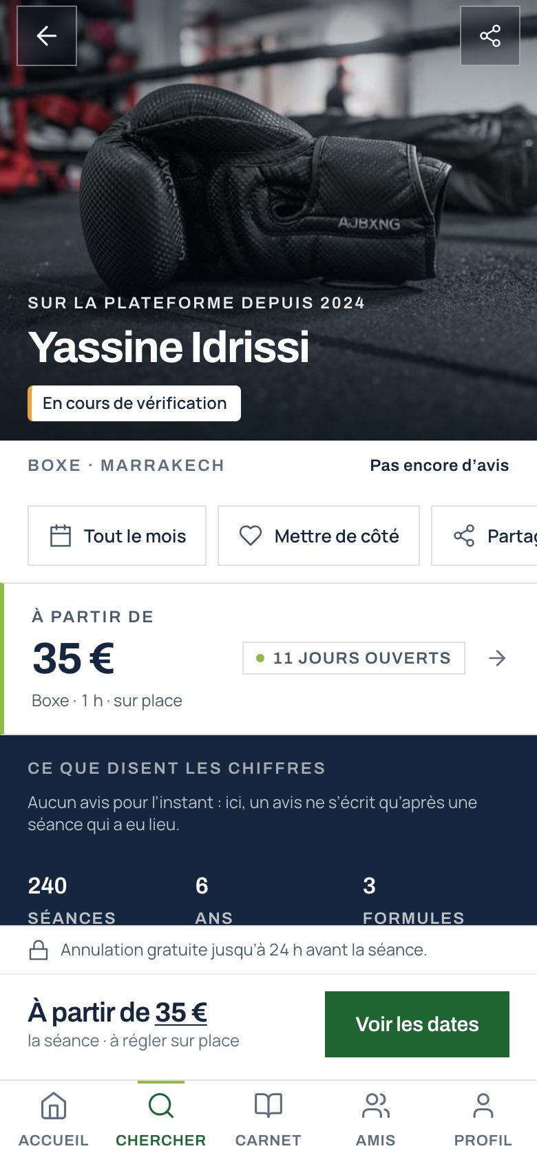 Ses lieux, ses formules au prix total, la semaine de créneaux réels, l’état de vérification.