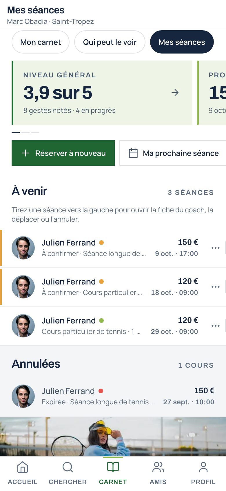 La prochaine séance, le lieu, le coach, le geste d’annulation dans le délai, le rappel de la veille.