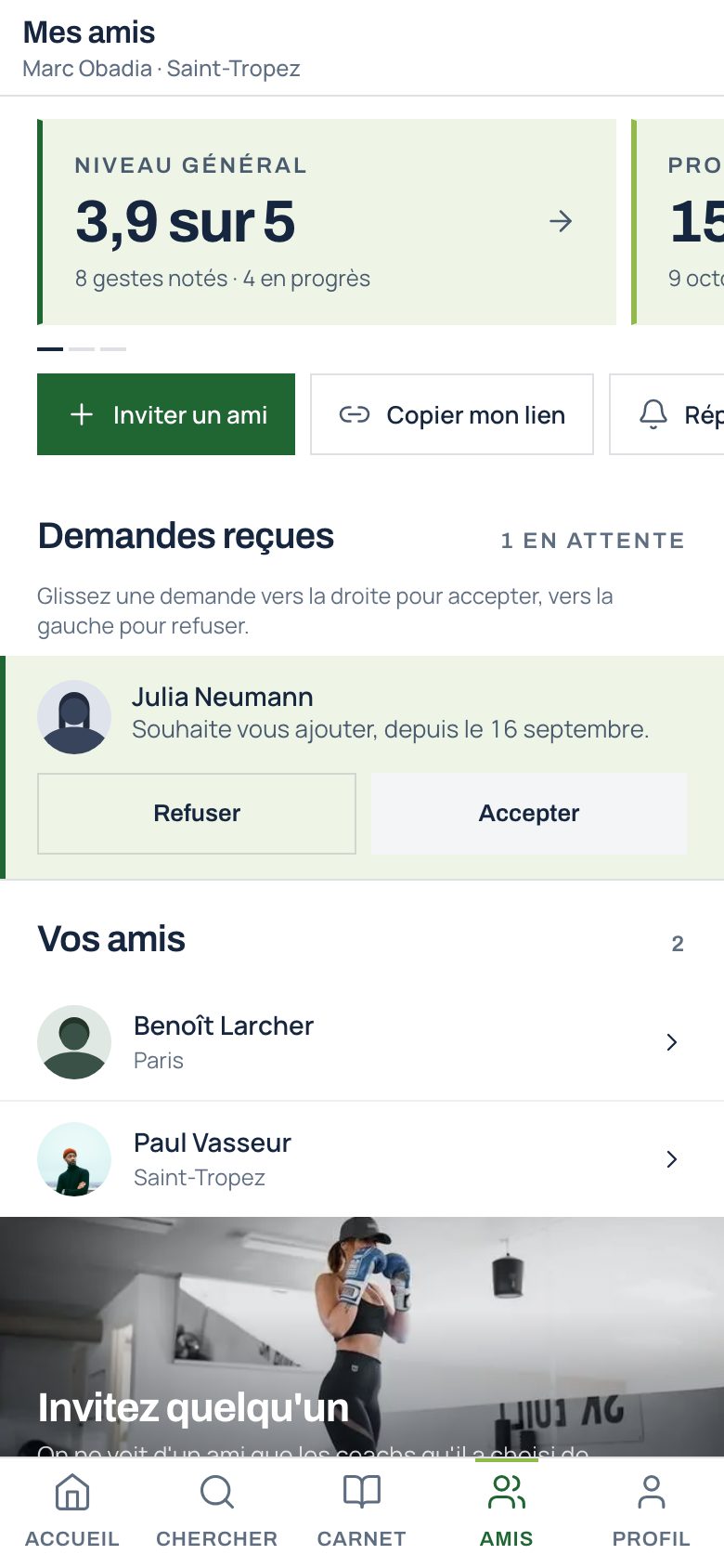 Les coachs que vos amis fréquentent, la présentation d’un coach à un ami, les demandes d’accès.