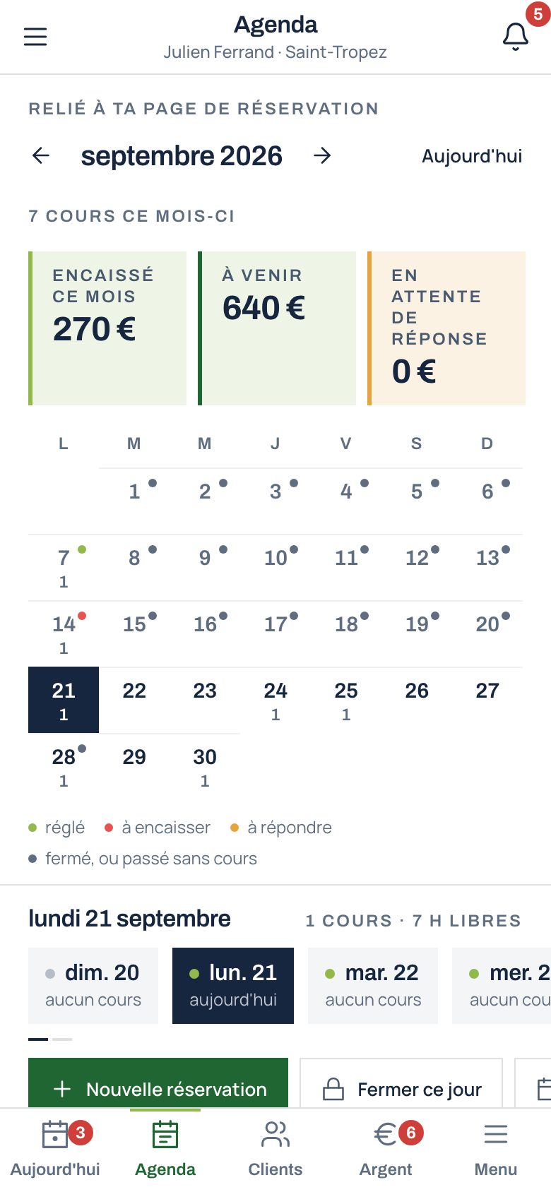 La semaine, tes disponibilités déclarées, tes lieux de présence, ce qui est encaissé et ce qui reste.