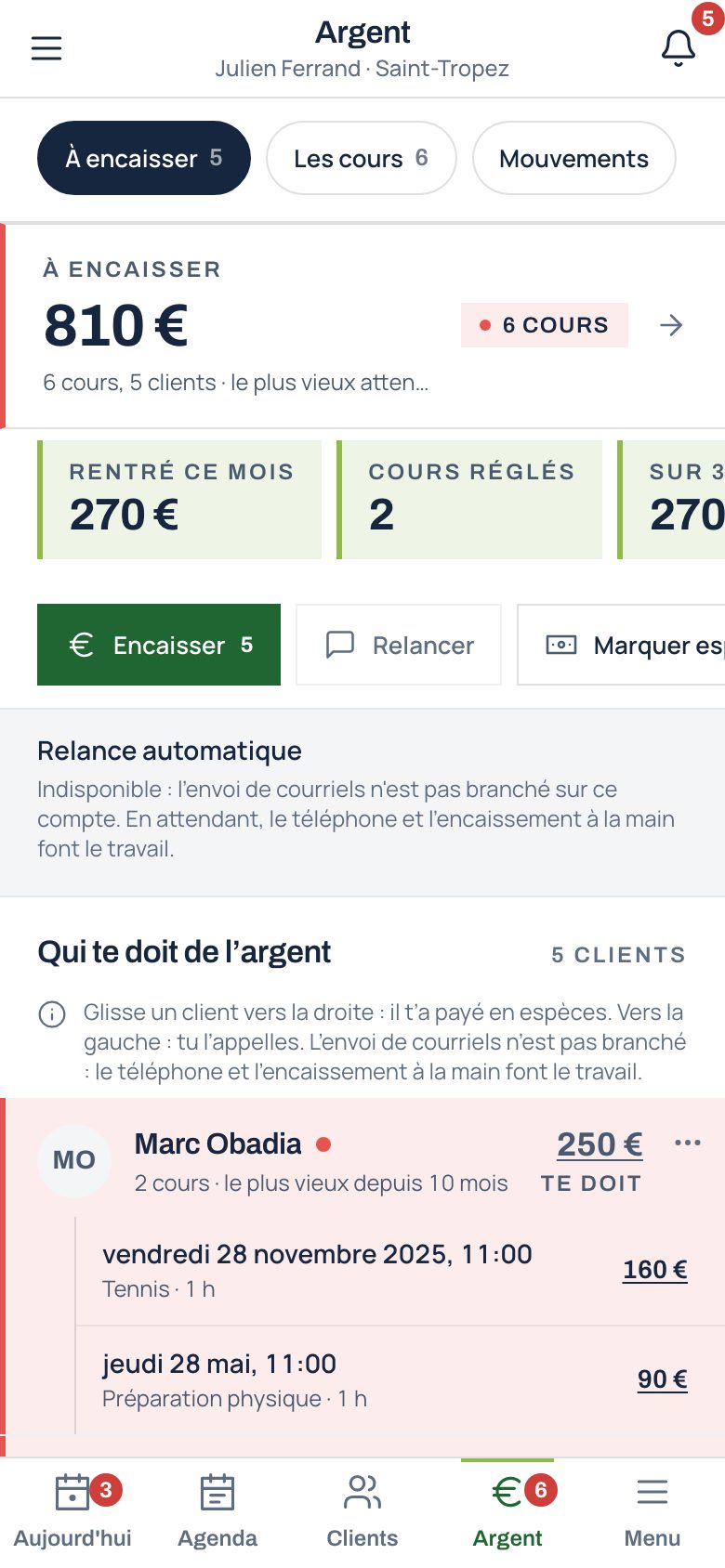 Le relevé, ce qui est rentré, ce qui te reste à encaisser, les relances automatiques, le versement.